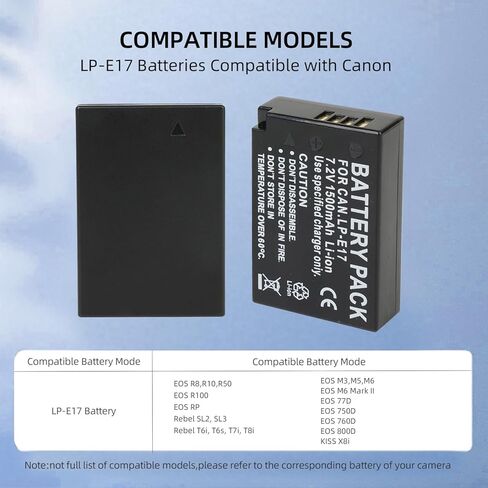 بطارية LP-E17 1500 مللي أمبير متوافقة مع كاميرات Canon R100 R10 R8 R50 RP، Rebel T8i، T7i، T6i، T6s، SL2، SL3، EOS M3، M5، M6، EOS 200D، 77D، 750D، 760D، 800D، 8000D in Kuwait