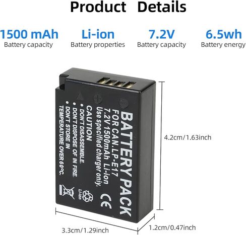 بطارية LP-E17 1500 مللي أمبير متوافقة مع كاميرات Canon R100 R10 R8 R50 RP، Rebel T8i، T7i، T6i، T6s، SL2، SL3، EOS M3، M5، M6، EOS 200D، 77D، 750D، 760D، 800D، 8000D in Kuwait