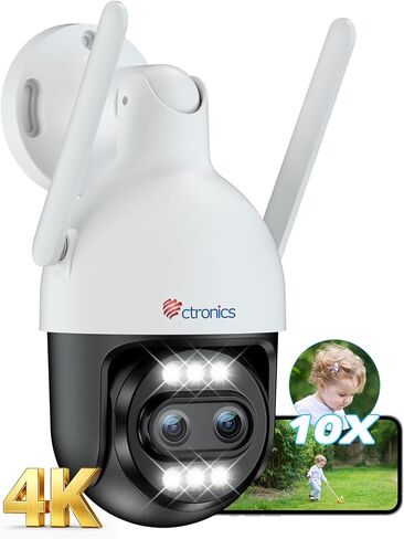 Ctronics [10X Hybrid Zoom 4K 8MP كاميرا أمان خارجية معدنية، عدسة مزدوجة، تتبع تلقائي وتكبير، 2.4/5 جيجا هرتز واي فاي، اكتشاف الإنسان/المركبة/الحيوان، 256 جيجابايت TF/سحابة/FTP/NVR، رؤية ليلية ملونة، IP66 in Kuwait