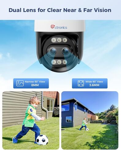 Ctronics [10X Hybrid Zoom 4K 8MP كاميرا أمان خارجية معدنية، عدسة مزدوجة، تتبع تلقائي وتكبير، 2.4/5 جيجا هرتز واي فاي، اكتشاف الإنسان/المركبة/الحيوان، 256 جيجابايت TF/سحابة/FTP/NVR، رؤية ليلية ملونة، IP66 in Kuwait