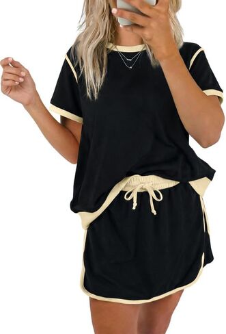 Marvmys Women 2 Piece Skorts Sets Short Sleeve Color Block Tshirt and Skorts Matching Going Out Summer Tracksuit with Pockets in Saudi Arabia