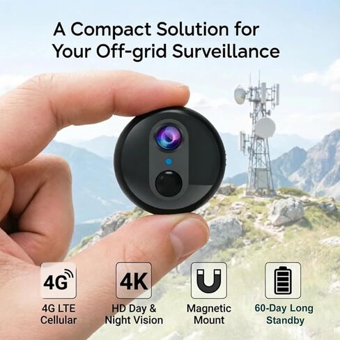 كاميرا أمان خلوية صغيرة محمولة 4G LTE مع حامل دوار مغناطيسي، كاميرا أمان 4K HD بدون واي فاي مع بطاقة SIM مدمجة، وضع الاستعداد لمدة 60 يومًا، رؤية ليلية، كشف حركة PIR (W-Q2) in Kuwait