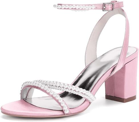Women's Pearl Wedding Shoes for Bride,High Block Heels,Open Toe,Ankle Strap,Satin,Bridal Shoes in Kuwait
