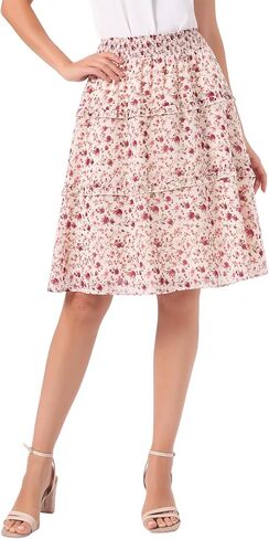 Allegra K Women's Floral Skirts Summer Smocked Elastic Waist A-Line Below Knee Length Ruffle Tiered Skirt in Kuwait