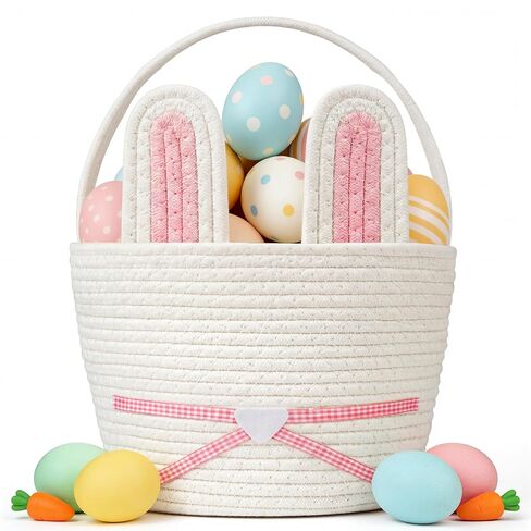 Easter Basket, Woven Easter Bunny Basket with Handle, Empty Gift Baskets Easter Egg Hunt Basket, First Easter Basket Easter Bucket with Detachable Ears for Girls Boys Teens (Pink White) in Saudi Arabia