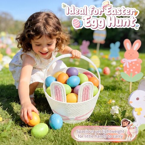 Easter Basket, Woven Easter Bunny Basket with Handle, Empty Gift Baskets Easter Egg Hunt Basket, First Easter Basket Easter Bucket with Detachable Ears for Girls Boys Teens (Pink White) in Saudi Arabia