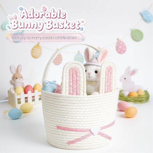 Easter Basket, Woven Easter Bunny Basket with Handle, Empty Gift Baskets Easter Egg Hunt Basket, First Easter Basket Easter Bucket with Detachable Ears for Girls Boys Teens (Pink White) in Saudi Arabia
