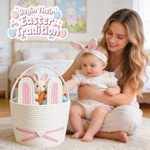 Easter Basket, Woven Easter Bunny Basket with Handle, Empty Gift Baskets Easter Egg Hunt Basket, First Easter Basket Easter Bucket with Detachable Ears for Girls Boys Teens (Pink White) in Saudi Arabia