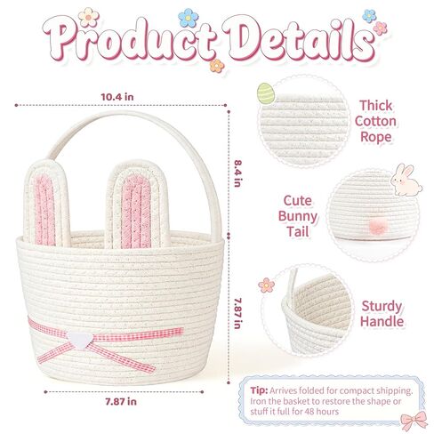 Easter Basket, Woven Easter Bunny Basket with Handle, Empty Gift Baskets Easter Egg Hunt Basket, First Easter Basket Easter Bucket with Detachable Ears for Girls Boys Teens (Pink White) in Saudi Arabia