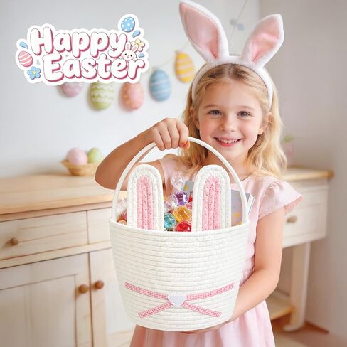 Easter Basket, Woven Easter Bunny Basket with Handle, Empty Gift Baskets Easter Egg Hunt Basket, First Easter Basket Easter Bucket with Detachable Ears for Girls Boys Teens (Pink White) in Saudi Arabia