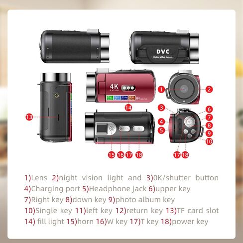 كاميرا رقمية Flylin 4K، كاميرا تسجيل فيديو بتصميم عتيق مع رؤية ليلية بالأشعة تحت الحمراء، كاميرا عالية الدقة قابلة لإعادة الشحن لإنشاء محتوى سيلفي للسفر، أحمر in Kuwait