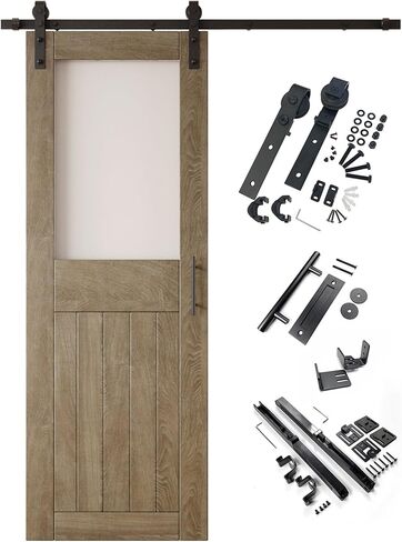 تصميم زجاجي بلوري كلاسيكي باللون الرمادي مقاس 50 × 84 بنصف لايت تم تشطيبه بباب الحظيرة المنزلق من الخشب الصلب غير المجمّع فقط مع مجموعة أدوات غير تجاوزية للباب الواحد بطول 9 أقدام (للاستخدام الداخلي فقط) in Saudi Arabia