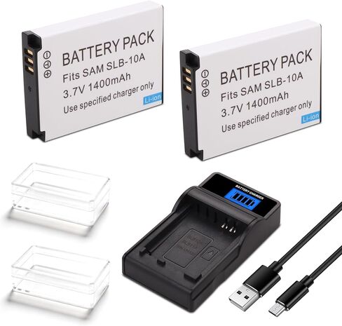 بطارية SLB-10A SLB10A (عبوتان) وشاحن USB LED لكاميرات Samsung EX2F HZ15W SL202 SL420 SL620 SL820 WB150F WB250F WB350F WB750 WB800F WB850F WB1100F الرقمية in Kuwait