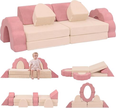 10-Piece Mini Kids Play Couch, Modular Flower Foam Sofa for Toddlers, Convertible Soft Play Sofa with Washable Cover, Indoor Climbing Furniture for Nursery & Playroom, Pink & Beige in Kuwait