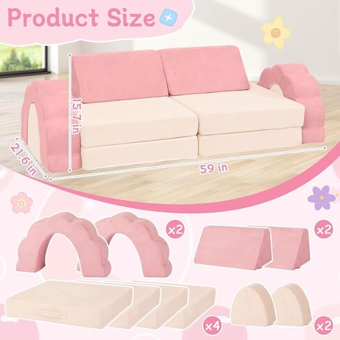 10-Piece Mini Kids Play Couch, Modular Flower Foam Sofa for Toddlers, Convertible Soft Play Sofa with Washable Cover, Indoor Climbing Furniture for Nursery & Playroom, Pink & Beige in Kuwait