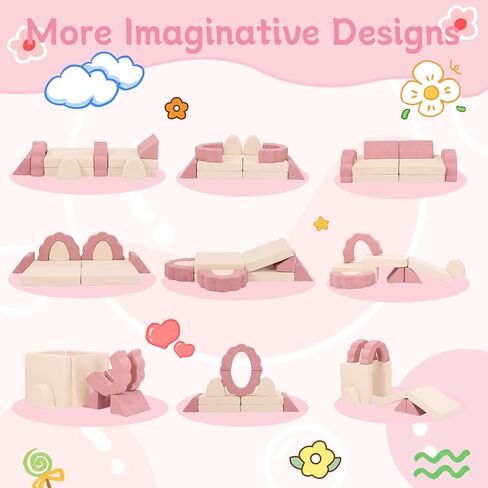 10-Piece Mini Kids Play Couch, Modular Flower Foam Sofa for Toddlers, Convertible Soft Play Sofa with Washable Cover, Indoor Climbing Furniture for Nursery & Playroom, Pink & Beige in Kuwait