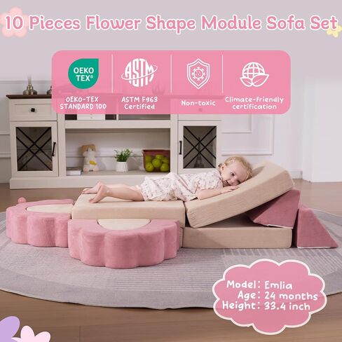 10-Piece Mini Kids Play Couch, Modular Flower Foam Sofa for Toddlers, Convertible Soft Play Sofa with Washable Cover, Indoor Climbing Furniture for Nursery & Playroom, Pink & Beige in Kuwait