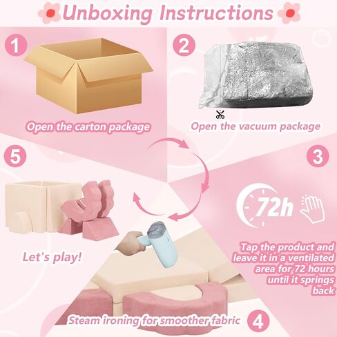10-Piece Mini Kids Play Couch, Modular Flower Foam Sofa for Toddlers, Convertible Soft Play Sofa with Washable Cover, Indoor Climbing Furniture for Nursery & Playroom, Pink & Beige in Kuwait
