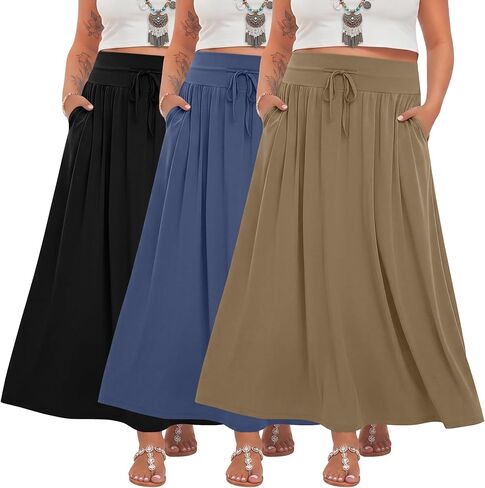 3 Pack Women's Plus Size Maxi Long Skirts a Line High Waisted Ankle Length Flowy Pleated Skirts with Pockets in Saudi Arabia