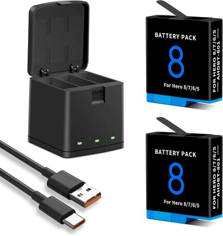 بطارية 1500 مللي أمبير في الساعة مكونة من عبوتين متوافقة مع Hero 8/7/6/5 Black Official مع 3 قنوات LED USB وصندوق شاحن تخزين سريع من النوع C، متوافق مع Hero 8، AHDBT-801 601-27537-000، 601-10197-000 in Kuwait