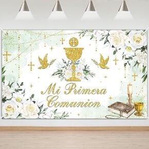 Mocsicka Mi Primera Comunion Backdrop Banner First Holy Comunion Baptism Banner Christening God Bless Party Decoration Photo Booth Props (6x3.6ft) in Kuwait