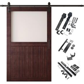 الأحمر الماهوجني 48x80 نصف لايت تصميم الزجاج المصنفر الانتهاء من باب الحظيرة المنزلق من الخشب الصلب غير المجمع فقط مع باب واحد طويل 9 أقدام طقم أدوات غير تجاوز (الاستخدام الداخلي فقط) in Kuwait