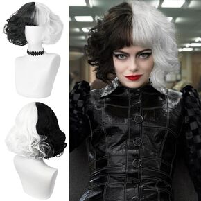 Black and White Wig for Cruella Deville Costume Women Cruella Deville Wig with Accessories Short Cute Soft Wigs for Halloween Cruella Costume Party NT038BW in Saudi Arabia
