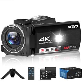 ORDRO 4K Camcorder 64MP Vlogging Camera for YouTube, Video Camera with 18X Digital Zoom, IR Night Vision, 3.0" Touch Screen, Mini Tripod in Kuwait