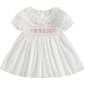 Toddler Baby Girl Birthday Dress Smocked Cake Smash Outfit Cute Embroidered Striped Puff Sleeve A-line Dresses in Kuwait