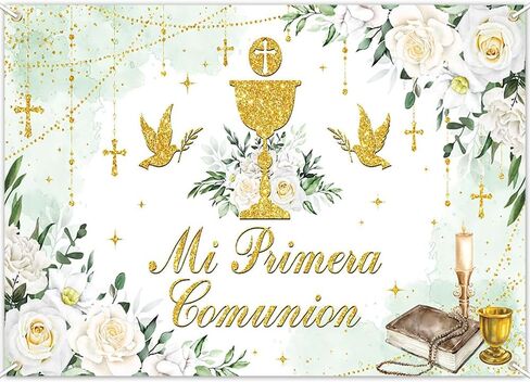لافتة خلفية من Mocsicka Mi Primera Comunion لافتة معمودية مقدسة أول لافتة تعميد الله يبارك ديكور الحفلات دعائم كشك الصور (6 × 3.6 قدم) in Kuwait