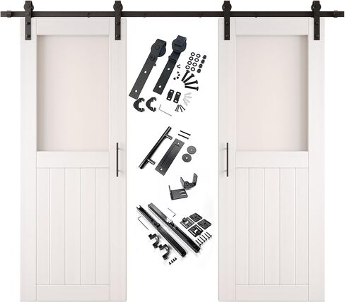 White 30 x 80 in. Sliding Barn Door, Set of 2 Doors, Half Lite Frosted Glass, Assembly Required, with 11 ft Double Door Hardware Kit, Non-Bypass, Interior Use in Saudi Arabia