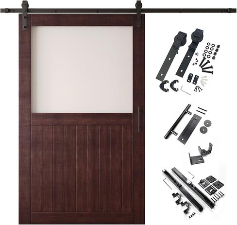 الأحمر الماهوجني 48x80 نصف لايت تصميم الزجاج المصنفر الانتهاء من باب الحظيرة المنزلق من الخشب الصلب غير المجمع فقط مع باب واحد طويل 9 أقدام طقم أدوات غير تجاوز (الاستخدام الداخلي فقط) in Kuwait