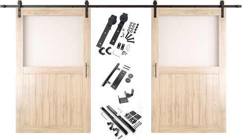 50 x 80 in. Sliding Barn Door, Set of 2 Doors,Half Lite Frosted Glass, Unfinished Solid Wood, Assembly Required, with 18 ft Double Door Hardware Kit, Non-Bypass, Interior Use in Saudi Arabia
