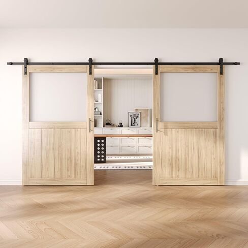 50 x 80 in. Sliding Barn Door, Set of 2 Doors,Half Lite Frosted Glass, Unfinished Solid Wood, Assembly Required, with 18 ft Double Door Hardware Kit, Non-Bypass, Interior Use in Saudi Arabia