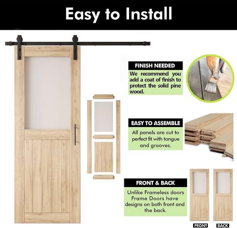 50 x 80 in. Sliding Barn Door, Set of 2 Doors,Half Lite Frosted Glass, Unfinished Solid Wood, Assembly Required, with 18 ft Double Door Hardware Kit, Non-Bypass, Interior Use in Saudi Arabia