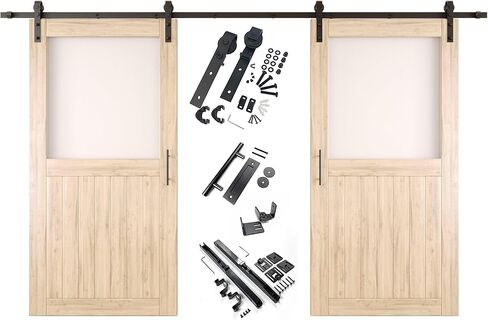 50 x 80 in. Sliding Barn Door, Set of 2 Doors,Half Lite Frosted Glass, Unfinished Solid Wood, Assembly Required, with 18 ft Double Door Hardware Kit, Non-Bypass, Interior Use in Saudi Arabia