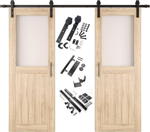 50 x 80 in. Sliding Barn Door, Set of 2 Doors,Half Lite Frosted Glass, Unfinished Solid Wood, Assembly Required, with 18 ft Double Door Hardware Kit, Non-Bypass, Interior Use in Saudi Arabia