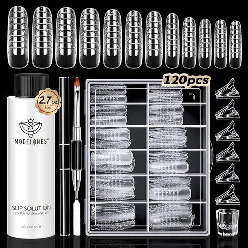 Modelones Slip Solution Kit for Poly Nail Gel, 4oz Anti-Stick Gel Solution Liquid Poly Extension Gel All in One Kit with 120pcs Dual Nail Forms Nail Brush Nail Tips Clips Crystal Cup Nail Extension Manicure Tool Nail Art Salon DIY at Home in Saudi Arabia