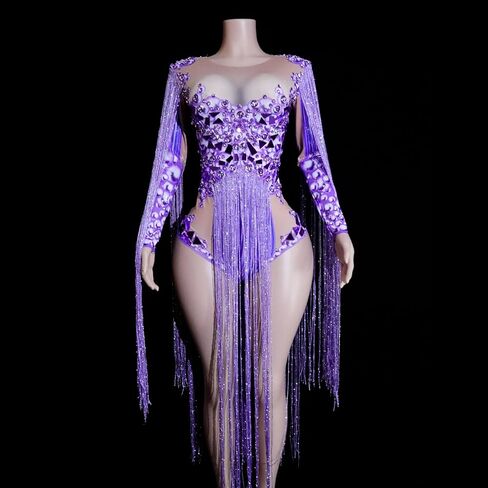 Tyian Sparkling Rhinestone Mirror Tassels Leotard Women Sexy Latin Stage Team Drag Performance Party Birthday Costumes in Saudi Arabia