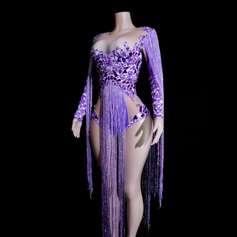 Tyian Sparkling Rhinestone Mirror Tassels Leotard Women Sexy Latin Stage Team Drag Performance Party Birthday Costumes in Saudi Arabia
