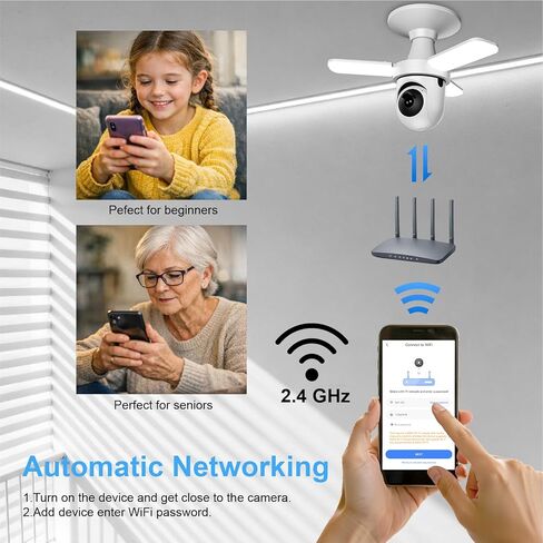 كاميرا KERUI 2K بمصباح كهربائي خارجي داخلي، كاميرا أمان PTZ WiFi للتتبع التلقائي 360 درجة مع ضوء LED خافت، رؤية ليلية ملونة، كشف حركة AI، صوت ثنائي الاتجاه، برغي E27 في مقبس الإضاءة in Kuwait