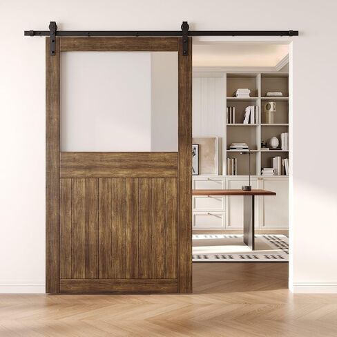 Dark Walnut 42" x 84" Half Lite Frosted Glass Panel, Solid Wood Sliding Barn Door, Assembly Required, Door Only, Interior Use in Saudi Arabia