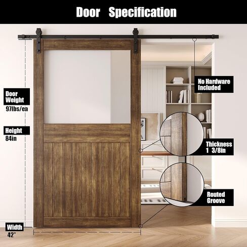 Dark Walnut 42" x 84" Half Lite Frosted Glass Panel, Solid Wood Sliding Barn Door, Assembly Required, Door Only, Interior Use in Saudi Arabia