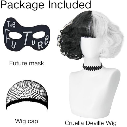 Black and White Wig for Cruella Deville Costume Women Cruella Deville Wig with Accessories Short Cute Soft Wigs for Halloween Cruella Costume Party NT038BW in Saudi Arabia