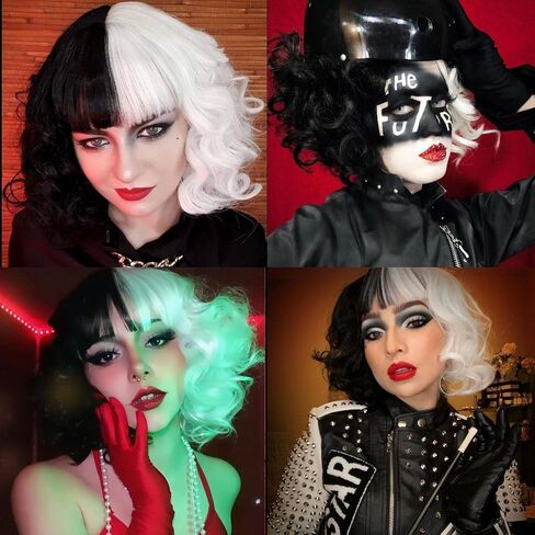 Black and White Wig for Cruella Deville Costume Women Cruella Deville Wig with Accessories Short Cute Soft Wigs for Halloween Cruella Costume Party NT038BW in Saudi Arabia