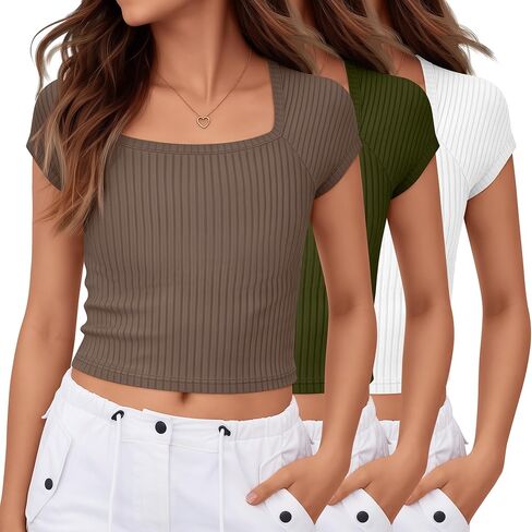3 Pack Girls Ribbed Knit Crop Tops 5-14Y Short Sleeve T-Shirts Square Neck Slim Spring Teen Kids Summer Trendy Tees in Saudi Arabia