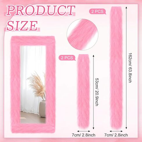 Pink Fluffy Full Length Mirror Frame Decor 64 x 21 Inch Universal Ultra Soft Non Slip Border Cover with Adhesive Tape for Mirror with Stand Bedroom Cloakroom Home Decoration Women Girls Gifts in Saudi Arabia