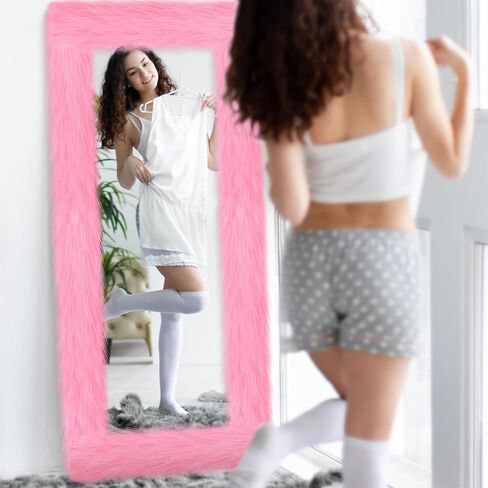 Pink Fluffy Full Length Mirror Frame Decor 64 x 21 Inch Universal Ultra Soft Non Slip Border Cover with Adhesive Tape for Mirror with Stand Bedroom Cloakroom Home Decoration Women Girls Gifts in Saudi Arabia