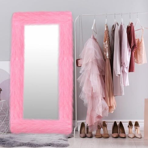 Pink Fluffy Full Length Mirror Frame Decor 64 x 21 Inch Universal Ultra Soft Non Slip Border Cover with Adhesive Tape for Mirror with Stand Bedroom Cloakroom Home Decoration Women Girls Gifts in Saudi Arabia
