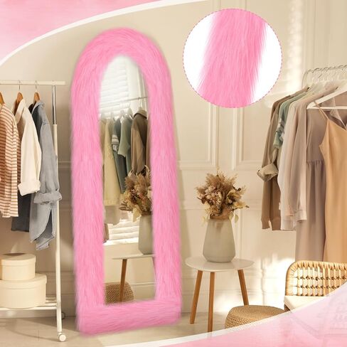Pink Fluffy Full Length Mirror Frame Decor 64 x 21 Inch Universal Ultra Soft Non Slip Border Cover with Adhesive Tape for Mirror with Stand Bedroom Cloakroom Home Decoration Women Girls Gifts in Saudi Arabia